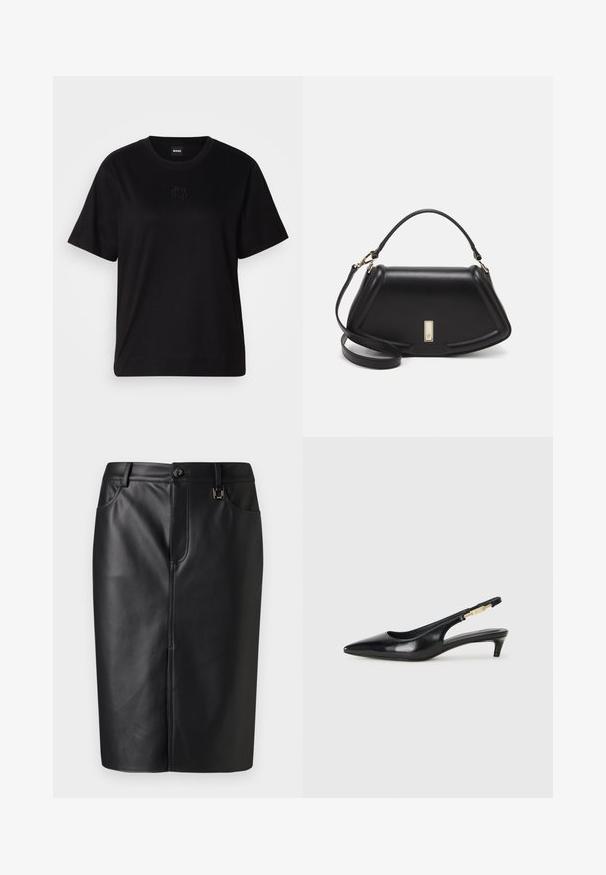 Svart bomull T-skjorte med rund hals, korte ermer og et brodert logo på brystet. Enkel, avslappet passform uten mønstre.; Svart skinn blyantskjørt med en glatt tekstur, frontslipp, sidelommer og knapplukking i livet. Minimalistisk design.; Sorte lærreim hæler med spiss tå, som har en slank hæl og en gullfarget detalj på den justerbare stroppen. Glatt tekstur.; Sort lærveske med en strukturert design, som har en avkortet form, topphåndtak og detaljer i gull. Justerbar skulderstropp inkludert.