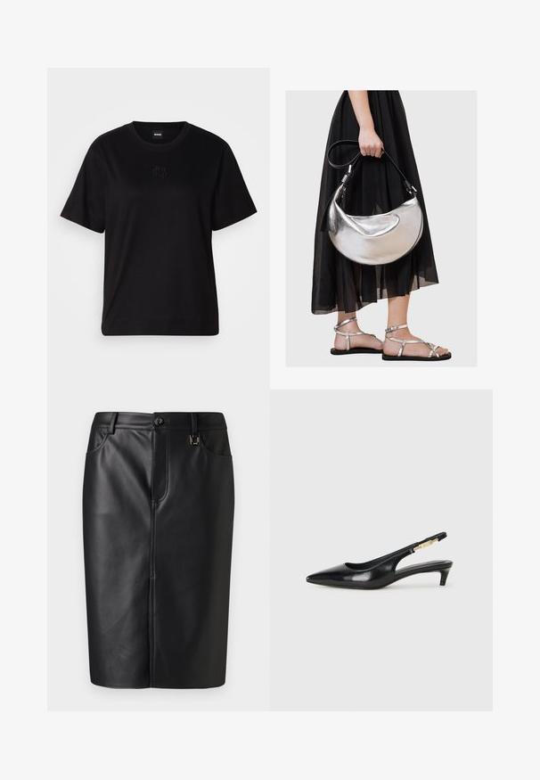 T-shirt en coton noir avec un col rond, des manches courtes et un logo brodé sur la poitrine. Coupe simple et décontractée sans motifs.; Jupe crayon en cuir noir avec une texture lisse, fente frontale, poches latérales et fermeture à bouton à la taille. Design minimaliste.; Talons hauts en cuir noir avec un bout pointu, dotés d'un talon fin et d'un accent en ton or sur la lanière réglable. Texture lisse.; Sac en cuir argenté métallique avec une forme courbée en demi-lune et une bandoulière noire. Porté avec une jupe noire, fluide et transparente, et des sandales argentées.