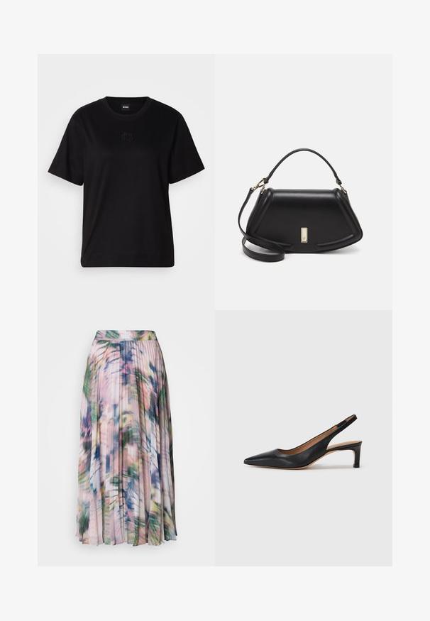 T-shirt en coton noir avec un col rond, des manches courtes et un logo brodé sur la poitrine. Coupe simple et décontractée sans motifs.; Jupe midi plissée en tissu léger et transparent. Présente un motif floral abstrait multicolore avec des nuances de rose, vert et bleu.; Escarpin slingback en cuir noir avec un bout pointu, un petit talon et une texture lisse. Doté d'une fine sangle réglable pour un ajustement sécurisé.; Sac à main en cuir noir avec un design structuré, featuring une forme cropped, une poignée supérieure et des accents en matériel doré. Bandoulière réglable incluse.