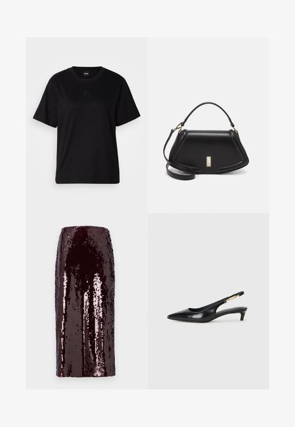 Musta puuvillapaita, jossa on pyöreä kaula-aukko, lyhyet hihat ja brodeerattu logo rinnassa. Yksinkertainen, rento istuvuus ilman kuvioita.; Borgånda paljetkjol med en slät textur och lyster. Rakt snitt, knälång design och helt prydd med paljetter.; Mustat nahkaiset slingback-korkokengät, joissa on terävä kärki, ohuet korot ja kultasävytteinen yksityiskohta säädettävässä hihnassa. Silkkinen pinta.; Mustalla nahkalaukulla, jossa on jämäkkä muotoilu, lyhyt malli, yläkahva ja kultaiset yksityiskohdat. Säädettävä olkahihna sisältyy.