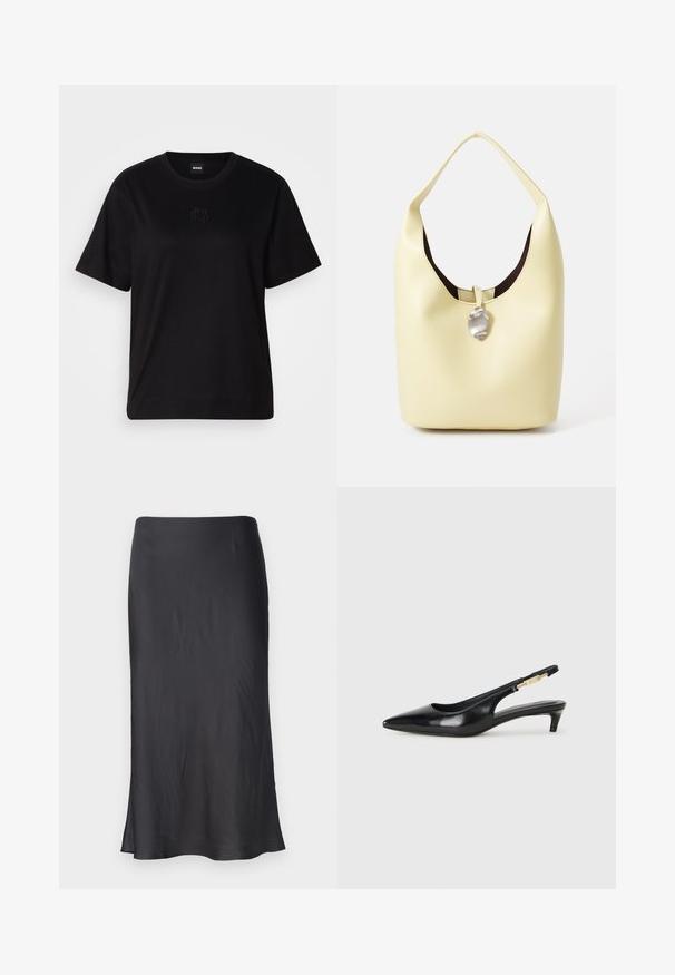 Črna bombažna majica s krožnim izrezom, kratkimi rokavi in izvezenim logotipom na prsih. Preprosta, sproščena silhueta brez vzorcev.; Črno satensko krilo z ravnim krojem in subtilnim sijajem. Ima mehko teksturo in kroj srednje dolžine, s rahlim razširitvijo na robu.; Črne usnjene sandale na peto z ostro konico, ki imajo tanko peto in zlat ton na nastavljivem traku. Gladka tekstura.; Hobo torba iz mehkega rumenega usnja z zaobljeno obliko. Ima gladko površino, temno notranjost in srebrn poudarek na zapiranju.
