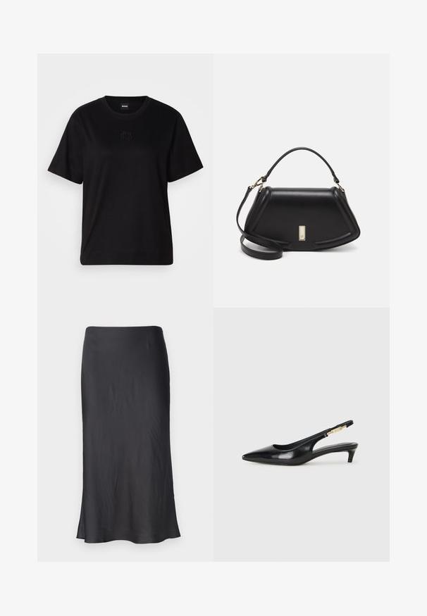 T-shirt negru din bumbac, cu guler rotund, mâneci scurte și un logo brodat pe piept. Design simplu, cu o croială relaxată și fără modele.; Fustă din satin neagră, cu tăietură dreaptă și strălucire subtilă. Prezintă o textură moale și un design de lungime medie, cu o ușoară evazare la tiv.; Sandale slingback din piele neagră cu vârf ascuțit, având un toc subțire și un accent de culoare aurie pe curea ajustabilă. Textură netedă.; Geantă de umăr din piele neagră, cu un design structurat, având o formă tăiată, mânere superioare și accente din aur. Include o curea de umăr ajustabilă.