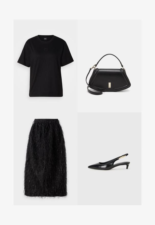 Musta puuvillapaita, jossa on pyöreä kaula-aukko, lyhyet hihat ja brodeerattu logo rinnassa. Yksinkertainen, rento istuvuus ilman kuvioita.; Mustapuku, jossa on tekstuuriltaan karhea ja pörröinen ulkonäkö, metalliset kuidut kudottuna joukkoon. Keskipitkä, joustavalla vyötärönauhalla.; Mustat nahkaiset slingback-korkokengät, joissa on terävä kärki, ohuet korot ja kultasävytteinen yksityiskohta säädettävässä hihnassa. Silkkinen pinta.; Mustalla nahkalaukulla, jossa on jämäkkä muotoilu, lyhyt malli, yläkahva ja kultaiset yksityiskohdat. Säädettävä olkahihna sisältyy.