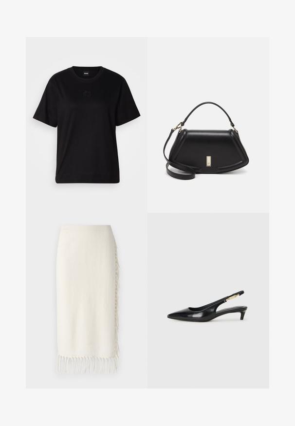 Schwarzes Baumwoll-T-Shirt mit Rundhalsausschnitt, kurzen Ärmeln und aufgesticktem Logo auf der Brust. Einfacher, lässiger Schnitt ohne Muster.; Strickrock in Creme mit einem gerippten Bund und strukturierten Fransen entlang einer Seite, aus weichem, leichtem Material gefertigt.; Schwarze Leder-Slingback-Pumps mit spitzem Schuhblatt, ausgestattet mit einem schlanken Absatz und einem goldfarbigen Akzent am verstellbaren Riemen. Glatte Textur.; Schwarze Lederhandtasche mit einem strukturierten Design, das eine verkürzte Form, einen oberen Griff und goldfarbene Hardware-Details aufweist. Verstellbarer Schulterriemen ist enthalten.