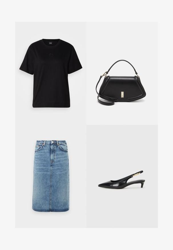 T-shirt en coton noir avec un col rond, des manches courtes et un logo brodé sur la poitrine. Coupe simple et décontractée sans motifs.; Jupe en denim bleu clair. Présente une silhouette droite, cinq poches et une fermeture à boutons avec passants de ceinture. Accents de texture usée.; Talons hauts en cuir noir avec un bout pointu, dotés d'un talon fin et d'un accent en ton or sur la lanière réglable. Texture lisse.; Sac à main en cuir noir avec un design structuré, featuring une forme cropped, une poignée supérieure et des accents en matériel doré. Bandoulière réglable incluse.