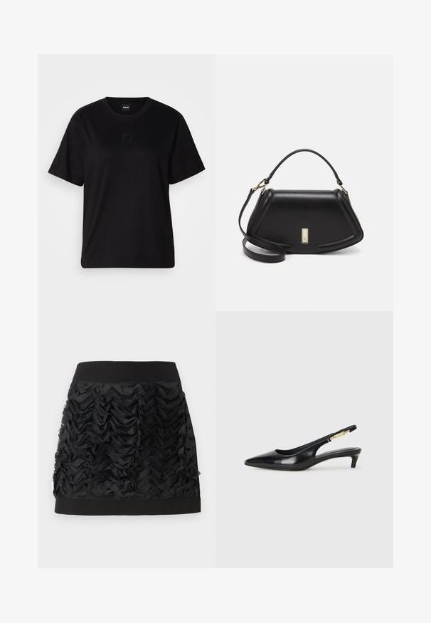 Maglietta in cotone nera con scollatura tonda, maniche corte e logo ricamato sul petto. Design semplice e vestibilità rilassata senza motivi.; Mini gonna nera con frontale in chiffon arricciato, dotata di una cintura liscia nera. Le arricciature creano texture e movimento.; Tacchi slingback in pelle nera con punta affusolata, caratterizzati da un tacco alto e un accento dorato sulla cinghia regolabile. Texture liscia.; Borsa a mano in pelle nera con un design strutturato, caratterizzata da una forma corta, manico superiore e accessori in metallo dorato. Inclusa tracolla regolabile.
