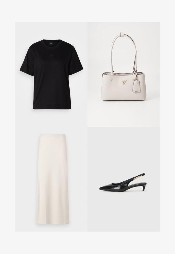 Schwarzes Baumwoll-T-Shirt mit Rundhalsausschnitt, kurzen Ärmeln und aufgesticktem Logo auf der Brust. Einfacher, lässiger Schnitt ohne Muster.; Cremfarbener, midi-langer Rock mit einer glatten, satinähnlichen Textur und geradem Schnitt. Keine sichtbaren Muster oder Verzierungen.; Schwarze Leder-Slingback-Pumps mit spitzem Schuhblatt, ausgestattet mit einem schlanken Absatz und einem goldfarbigen Akzent am verstellbaren Riemen. Glatte Textur.; Beige Handtasche aus Kunstleder mit glatter Textur, doppelten Schulterriemen, goldenen Beschlägen, Logo-Plakette und einem angehängten Etikett.