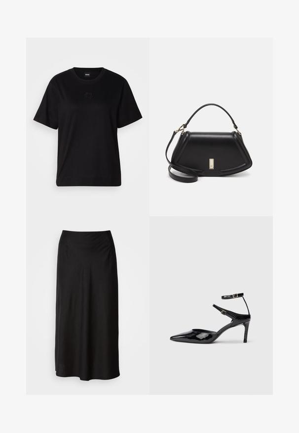 Juodas medvilninis marškinėliai su apvalia iškirpte, trumpomis rankovėmis ir siuvinėjimu ant krūtinės. Paprastas, laisvas siluetas be raštų.; Juodas midi sijonas, pagamintas iš minkštos, lengvos medžiagos. Yra lygus elastingas juosmuo ir plazdanti silueto forma su šiek tiek A formos. ; Juodos lakinės odos aukštakulnės su smailiu koja, reguliuojamais kulkšnies dirželiais ir lieknu kulnu. Lygus paviršius su blizgiu apdaila.; Juoda odinė rankinė su struktūrizuotu dizainu, turi trumpą formą, viršutinę rankeną ir auksinius akcentus. Pridėtas reguliuojamas peties diržas.