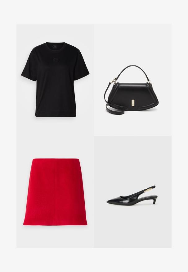 Schwarzes Baumwoll-T-Shirt mit Rundhalsausschnitt, kurzen Ärmeln und aufgesticktem Logo auf der Brust. Einfacher, lässiger Schnitt ohne Muster.; Roter Minirock aus strukturiertem Stoff mit geradem Schnitt. Das Design weist eine nahtlose Vorderseite und klare Linien ohne Verzierungen auf.; Schwarze Leder-Slingback-Pumps mit spitzem Schuhblatt, ausgestattet mit einem schlanken Absatz und einem goldfarbigen Akzent am verstellbaren Riemen. Glatte Textur.; Schwarze Lederhandtasche mit einem strukturierten Design, das eine verkürzte Form, einen oberen Griff und goldfarbene Hardware-Details aufweist. Verstellbarer Schulterriemen ist enthalten.