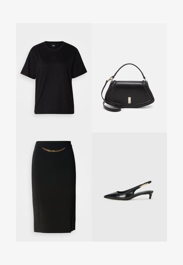 Schwarzes Baumwoll-T-Shirt mit Rundhalsausschnitt, kurzen Ärmeln und aufgesticktem Logo auf der Brust. Einfacher, lässiger Schnitt ohne Muster.; Schwarzer Bleistiftrock mit einem leichten Schlitz, ausgestattet mit einem goldenen Kettendetail an der Taille. Hergestellt aus einem glatten, dehnbaren Stoff für optimalen Tragekomfort.; Schwarze Leder-Slingback-Pumps mit spitzem Schuhblatt, ausgestattet mit einem schlanken Absatz und einem goldfarbigen Akzent am verstellbaren Riemen. Glatte Textur.; Schwarze Lederhandtasche mit einem strukturierten Design, das eine verkürzte Form, einen oberen Griff und goldfarbene Hardware-Details aufweist. Verstellbarer Schulterriemen ist enthalten.
