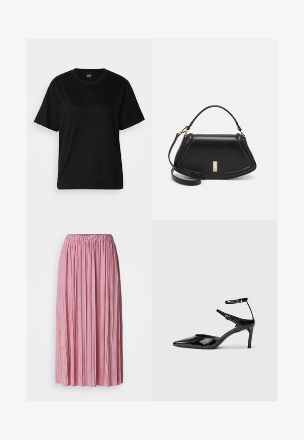 Fekete pamut póló kerek nyakkivágással, rövid ujjakkal és hímzett logóval a mellkasán. Egyszerű, laza szabás, minta nélkül.; Ráncolt szoknya világos rózsaszínben, könnyű anyagból készült. Gumis derekával rendelkezik, és függőleges textúrával büszkélkedhet.; Fekete lakkbőr magassarkú cipők hegyes orral, állítható bokapánttal és vékony sarokkal. Simább textúra fényes kivitelben.; Fekete bőr kézitáska, strukturált dizájnnal, rövidített formával, felső fogantyúval és arany színű kiegészítőkkel. Állítható vállpánt is tartozik hozzá.