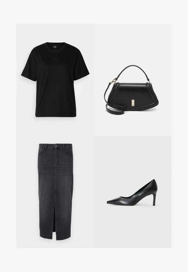 Camiseta de algodón negra con cuello redondo, mangas cortas y un logo bordado en el pecho. Ajuste simple y relajado sin patrones.; DAY Birger et Mikkelsen NIKI - Falda vaquera - black; Zapato de tacón negro de cuero con punta afilada y un tacón delgado, textura suave y sin adornos visibles. Diseño limpio con una estética minimalista.; Bolso de mano de cuero negro con un diseño estructurado, que presenta una forma recortada, asa superior y acentos en dorado. Correa de hombro ajustable incluida.