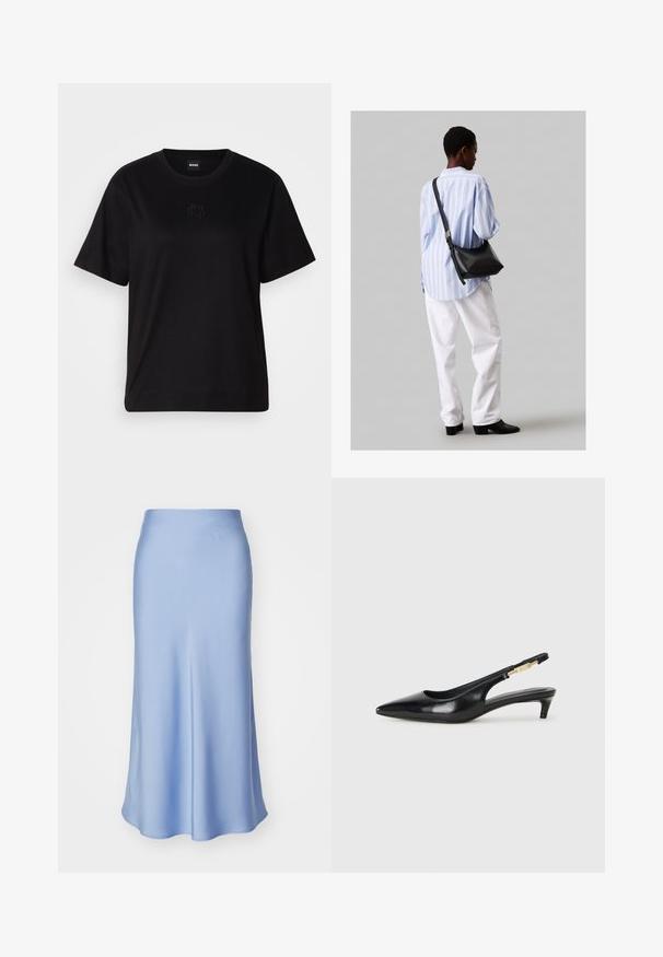 T-shirt negru din bumbac, cu guler rotund, mâneci scurte și un logo brodat pe piept. Design simplu, cu o croială relaxată și fără modele.; Fustă din material satin, de culoare bleu deschis, cu formă în evazare, textură netedă, lungime până la genunchi și talie simplă. Fără detalii suplimentare vizibile.; Sandale slingback din piele neagră cu vârf ascuțit, având un toc subțire și un accent de culoare aurie pe curea ajustabilă. Textură netedă.; Geantă de umăr din piele neagră cu o textură moale, formă triunghiulară și curea ajustabilă, asortată cu o bluză cu dungi albastre deschise și pantaloni albi.