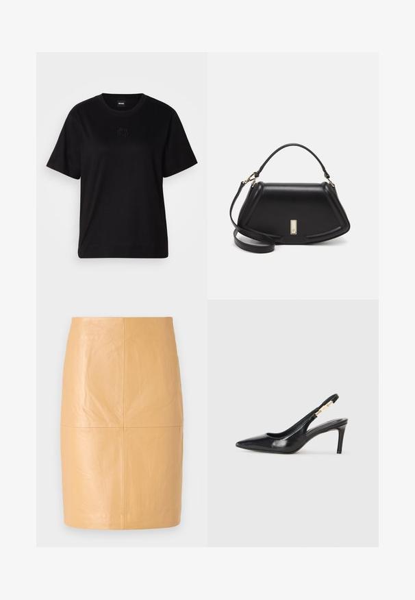 Schwarzes Baumwoll-T-Shirt mit Rundhalsausschnitt, kurzen Ärmeln und aufgesticktem Logo auf der Brust. Einfacher, lässiger Schnitt ohne Muster.; 2nd Day JAYAN - Lederrock - camel; Schwarzer Leder-Slingback-High-Heel-Schuh mit spitzem Zeh, glatter Textur und schmalem Knöchelriemen, der mit goldenen Hardware-Akzenten verziert ist.; Schwarze Lederhandtasche mit einem strukturierten Design, das eine verkürzte Form, einen oberen Griff und goldfarbene Hardware-Details aufweist. Verstellbarer Schulterriemen ist enthalten.