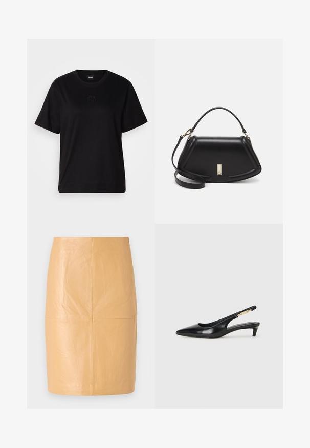 Svart bomull T-skjorte med rund hals, korte ermer og et brodert logo på brystet. Enkel, avslappet passform uten mønstre.; 2nd Day JAYAN - Skinnskjørt - camel; Sorte lærreim hæler med spiss tå, som har en slank hæl og en gullfarget detalj på den justerbare stroppen. Glatt tekstur.; Sort lærveske med en strukturert design, som har en avkortet form, topphåndtak og detaljer i gull. Justerbar skulderstropp inkludert.