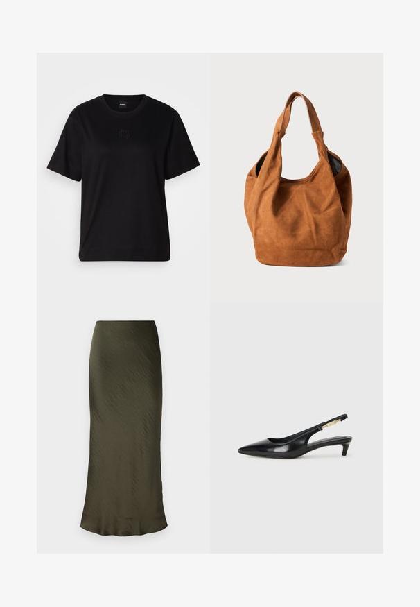 Črna bombažna majica s krožnim izrezom, kratkimi rokavi in izvezenim logotipom na prsih. Preprosta, sproščena silhueta brez vzorcev.; Olivno zelena, srednje dolga krila iz gladkega, lahkega materiala s rahlo gubanimi področji in ravno silhueto.; Črne usnjene sandale na peto z ostro konico, ki imajo tanko peto in zlat ton na nastavljivem traku. Gladka tekstura.; Rjava semiš torba za ramo z mehkobo, ukrivljeno obliko in dvema ročajema. Ima minimalen dizajn brez vidnih kovinskih delov ali okrasnih elementov.