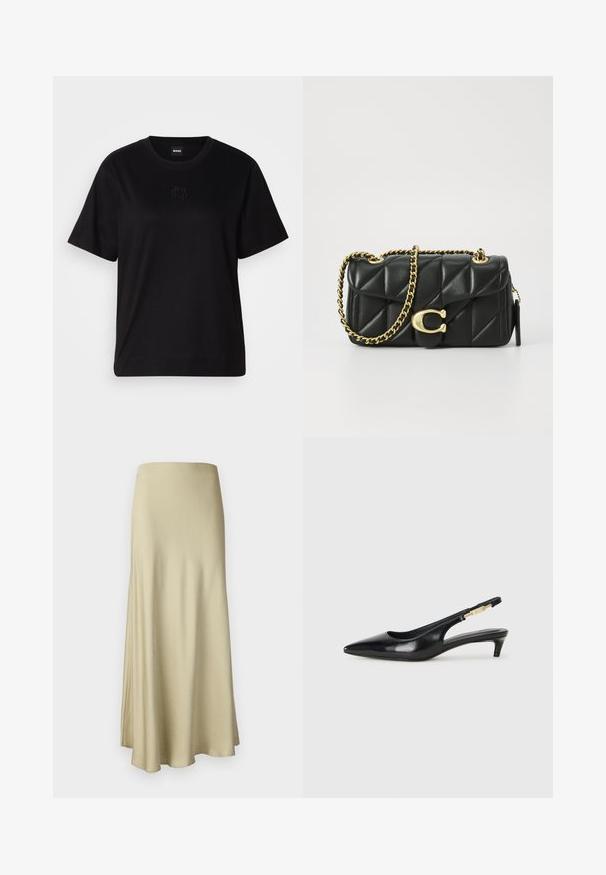 T-shirt de algodão preto com decote redondo, mangas curtas e um logótipo bordado no peito. Corte simples e descontraído, sem padrões.; Saia longa e fluida em bege, feita de um tecido suave. Possui uma textura lisa e um design simples e minimalista, sem hardware visível.; Saltos slingback em couro preto com bico fino, apresentando um salto esguio e um detalhe em tom dourado na alça ajustável. Textura suave.; Bolsa de mão em couro acolchoado preto com uma alça de corrente dourada e um fecho de pressionar com um canto circular. Formato retangular compacto.