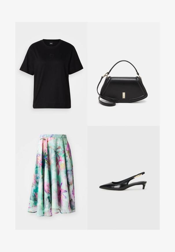 Schwarzes Baumwoll-T-Shirt mit Rundhalsausschnitt, kurzen Ärmeln und aufgesticktem Logo auf der Brust. Einfacher, lässiger Schnitt ohne Muster.; Marc Cain A-Linien-Rock - light green; Schwarze Leder-Slingback-Pumps mit spitzem Schuhblatt, ausgestattet mit einem schlanken Absatz und einem goldfarbigen Akzent am verstellbaren Riemen. Glatte Textur.; Schwarze Lederhandtasche mit einem strukturierten Design, das eine verkürzte Form, einen oberen Griff und goldfarbene Hardware-Details aufweist. Verstellbarer Schulterriemen ist enthalten.