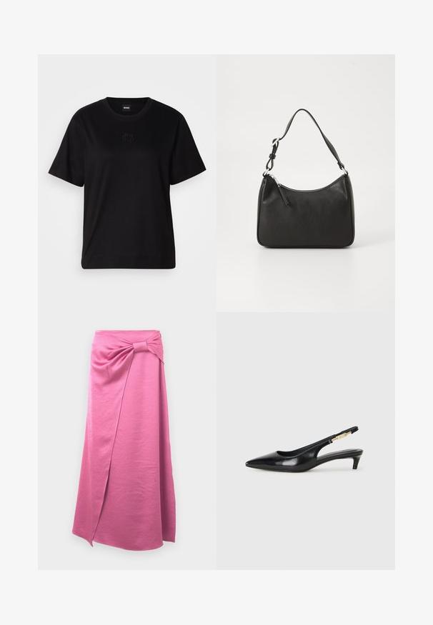 Black cotton t-shirt with a crew neckline, short sleeves, and an embroidered logo on the chest. Simple, relaxed fit with no patterns.; Long pink skirt made of soft fabric, featuring a front wrap design and tied knot detail at the waist, with a straight silhouette.; Black leather slingback heels with a pointed toe, featuring a slim heel and a gold-tone accent on the adjustable strap. Smooth texture.; Black leather handbag with a curved shape, a single strap, zip closure, and subtle branding on the front. Smooth texture, minimalist design.
