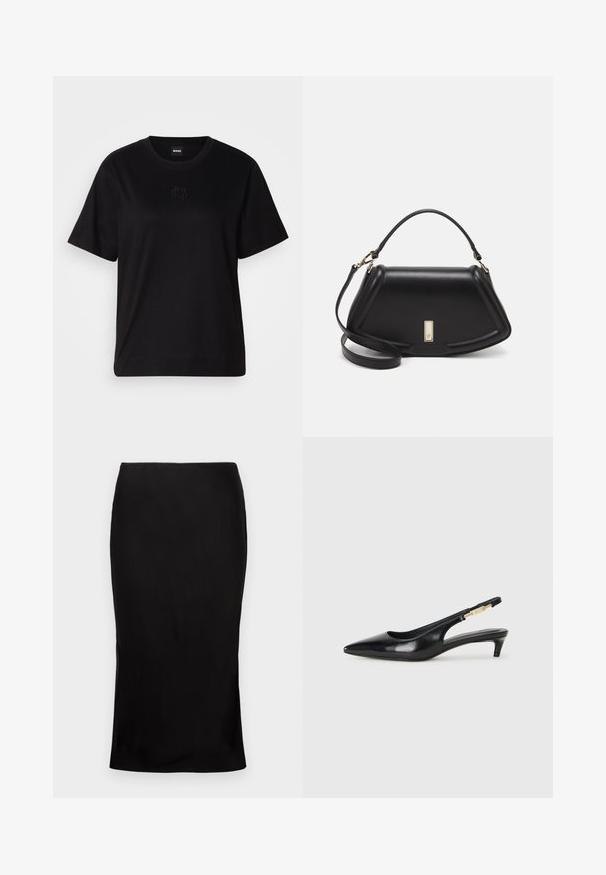 Melna kokvilnas T-krekls ar apaļu izgriezumu, īsām piedurknēm un izšūtu logotipu uz krūtīm. Vienkāršs, brīvs piegriezums bez rakstiem.; Melnas, pieguļoša midi svārki ar gludu tekstūru, sānu šķelšanās detaļu un klasisku jostasvietu. Izstrādāti eleganta silueta radīšanai.; Melnas ādas slingback zābaki ar smailu purngalu, ar šauru papēdi un zelta krāsas akcentu uz regulējama siksniņas. Gluda tekstūra.; Melnas ādas roku soma ar struktūru, ar īsu formu, augšējo rokturi un zelta aksesuāriem. Iekļauta regulējama plecu siksna.