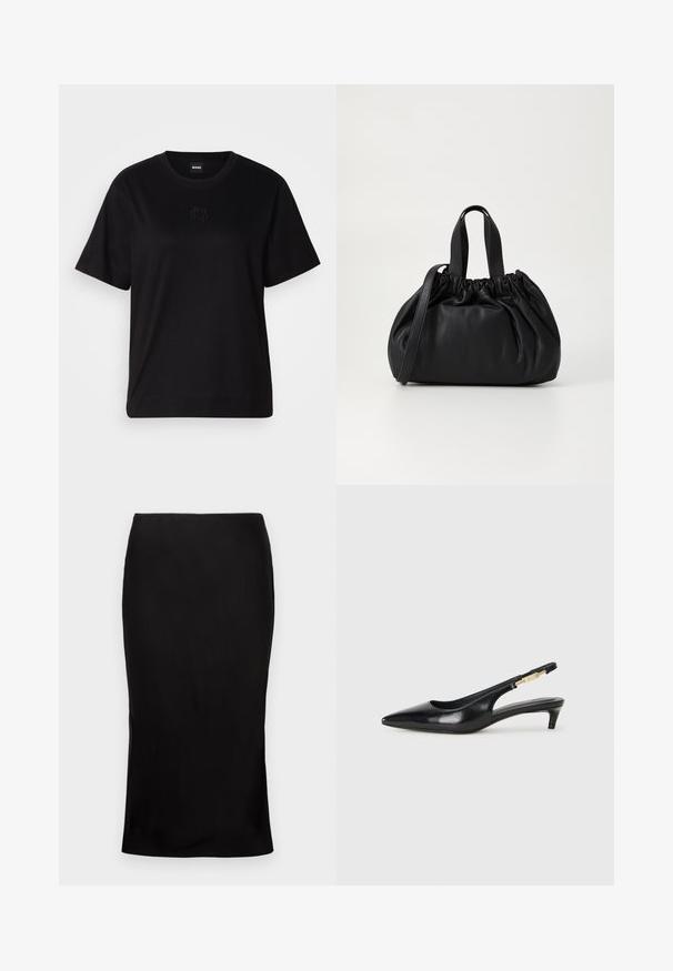 Zwarte katoenen t-shirt met een ronde hals, korte mouwen en een geborduurd logo op de borst. Eenvoudige, comfortabele pasvorm zonder patronen.; Zwarte, aansluitende midi-rok met een zachte textuur, zijsplitdetail en een klassieke tailleband. Ontworpen voor een elegante silhoutte.; Zwarte leren slingback hakken met een spitse neus, voorzien van een slanke hak en een goudkleurige accent op de verstelbare band. Gladde textuur.; Zwarte leren handtas met een geplooid ontwerp aan de bovenkant, voorzien van twee korte handvatten en een lange verstelbare schouderband. Gladde textuur, ronde vorm.