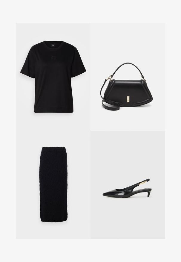 Maglietta in cotone nera con scollatura tonda, maniche corte e logo ricamato sul petto. Design semplice e vestibilità rilassata senza motivi.; Gonna nera di maglia, lunghezza al ginocchio, con superficie testurizzata e taglio dritto. La vita è elasticizzata per maggiore comfort.; Tacchi slingback in pelle nera con punta affusolata, caratterizzati da un tacco alto e un accento dorato sulla cinghia regolabile. Texture liscia.; Borsa a mano in pelle nera con un design strutturato, caratterizzata da una forma corta, manico superiore e accessori in metallo dorato. Inclusa tracolla regolabile.