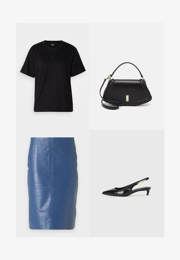 Musta puuvillapaita, jossa on pyöreä kaula-aukko, lyhyet hihat ja brodeerattu logo rinnassa. Yksinkertainen, rento istuvuus ilman kuvioita.; 2nd Day JAYAN - Nahkahame - ensign blue; Mustat nahkaiset slingback-korkokengät, joissa on terävä kärki, ohuet korot ja kultasävytteinen yksityiskohta säädettävässä hihnassa. Silkkinen pinta.; Mustalla nahkalaukulla, jossa on jämäkkä muotoilu, lyhyt malli, yläkahva ja kultaiset yksityiskohdat. Säädettävä olkahihna sisältyy.