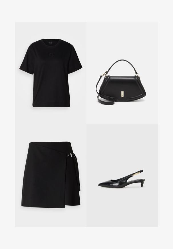 Maglietta in cotone nera con scollatura tonda, maniche corte e logo ricamato sul petto. Design semplice e vestibilità rilassata senza motivi.; Gonna avvolgente nera realizzata in un tessuto testurizzato con dettaglio a fibbia laterale e lungo nastro. Presenta una linea dritta e linee pulite.; Tacchi slingback in pelle nera con punta affusolata, caratterizzati da un tacco alto e un accento dorato sulla cinghia regolabile. Texture liscia.; Borsa a mano in pelle nera con un design strutturato, caratterizzata da una forma corta, manico superiore e accessori in metallo dorato. Inclusa tracolla regolabile.