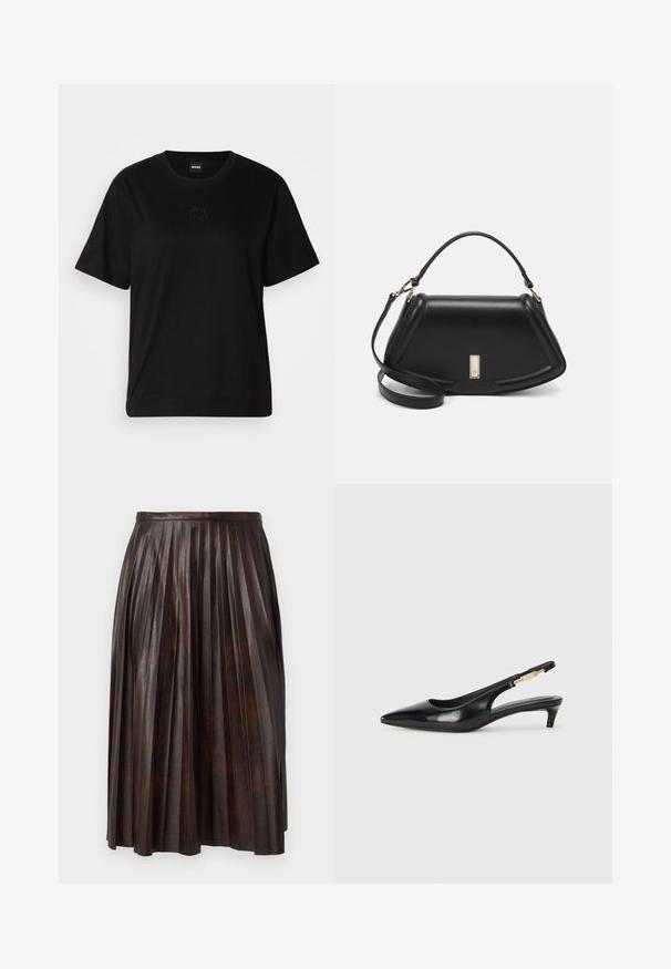 Fekete pamut póló kerek nyakkivágással, rövid ujjakkal és hímzett logóval a mellkasán. Egyszerű, laza szabás, minta nélkül.; Barna pliszírozott midi szoknya bőrből, derékpánttal és folyékony sziluettel, függőleges redőkkel az anyagon.; Fekete bőr slingback magassarkúk, hegyes orral, vékony sarkakkal és arany színű részlettel a állítható pánton. Simа felület.; Fekete bőr kézitáska, strukturált dizájnnal, rövidített formával, felső fogantyúval és arany színű kiegészítőkkel. Állítható vállpánt is tartozik hozzá.