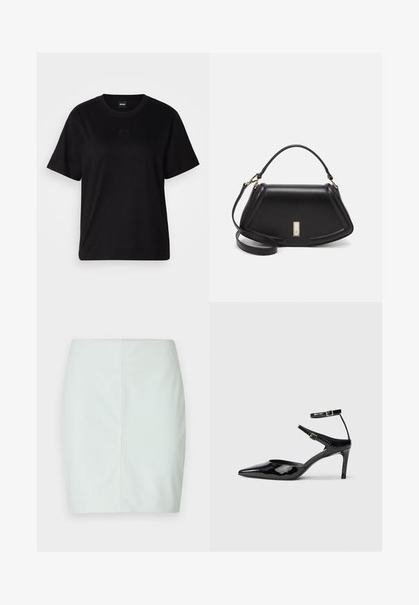Svart bomullströja med rund halsringning, korta ärmar och en broderad logotyp på bröstet. Enkel, avslappnad passform utan mönster.; Ljusgrön figurnära minikjol i slätt material, med rakt skär och rena linjer utan synlig hårdvara eller utsmyckningar.; Svarta lackskinnshälar med spetsig tå, justerbara ankelremmar och en smal klack. Slät textur med en glänsande yta.; Svart läderhandväska med en strukturerad design, som har en avskuren form, ett handtag upptill och guldiga detaljer. Justerbar axelrem ingår.