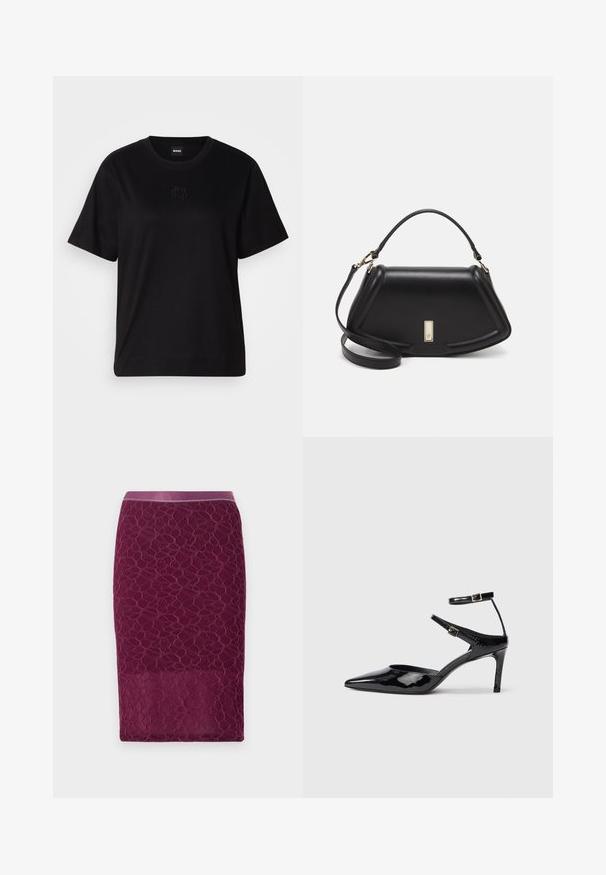 Μαύρο βαμβακερό μπλουζάκι με στρογγυλή λαιμόκοψη, κοντά μανίκια και κεντημένο λογότυπο στο στήθος. Απλή, χαλαρή γραμμή χωρίς σχέδια.; Βουργουνδί φούστα από δαντέλα με εφαρμοστή σιλουέτα, που διαθέτει έναν λείο ιμάντα μέσης και περίπλοκο λουλουδάτο μοτίβο σε όλο το ύφασμα.; Μαύρα παπούτσια με λουστρίνι δέρμα, με μυτερή μύτη, ρυθμιζόμενα λουράκια στον αστράγαλο και λεπτό τακούνι. Λεπτή υφή με γυαλιστερό φινίρισμα.; Μαύρη δερμάτινη τσάντα με δομημένο σχέδιο, που διαθέτει κομμένο σχήμα, επάνω λαβή και χρυσά μεταλλικά στοιχεία. Περιλαμβάνει ρυθμιζόμενο λουρί ώμου.