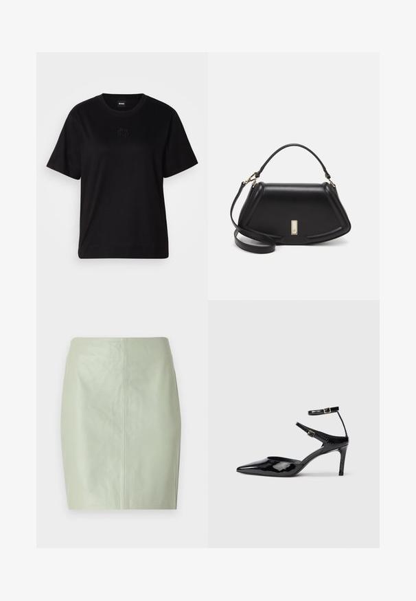 Svart bomull T-skjorte med rund hals, korte ermer og et brodert logo på brystet. Enkel, avslappet passform uten mønstre.; Mintgrønn skinn miniskjørt med en glatt tekstur, tettsittende design, og en sentral søm som går vertikalt bak.; Sorte lakkede hæle med spids tå, justerbare ankelstropper og en slank hæl. Glat tekstur med en skinnende overflade.; Sort lærveske med en strukturert design, som har en avkortet form, topphåndtak og detaljer i gull. Justerbar skulderstropp inkludert.