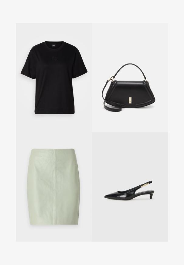 Fekete pamut póló kerek nyakkivágással, rövid ujjakkal és hímzett logóval a mellkasán. Egyszerű, laza szabás, minta nélkül.; Mentazöld bőr mini szoknya sima textúrával, testhezálló fazonnal és függőleges középső varrással a hátsó részen.; Fekete bőr slingback magassarkúk, hegyes orral, vékony sarkakkal és arany színű részlettel a állítható pánton. Simа felület.; Fekete bőr kézitáska, strukturált dizájnnal, rövidített formával, felső fogantyúval és arany színű kiegészítőkkel. Állítható vállpánt is tartozik hozzá.