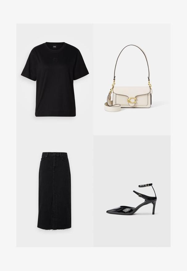 Mustmust särk, millel on ümar kaelus, lühikesed varrukad ja tindiga tikitud logo rinnal. Lihtne, mugav lõige ilma mustriteta.; Mustmustest muströjägiga midi-seelik otse lõikega, ees oleva lõhenemise ja kulunud servaga. Omab nööbisuletust ja kahte küljetaskut.; Mustad nahast mustad kontsad terava ninaga, reguleeritavate pahkluu rihmade ja õhukese kontsaga. Sile tekstuur läikiva viimistlusega.; Kreem värvi nahk kõige tugevama disainiga käsitasku, kontrastsete mustade ääride, kuldsete metallist detailide ja eemaldatava rihmaga, millel on allkirja logo.