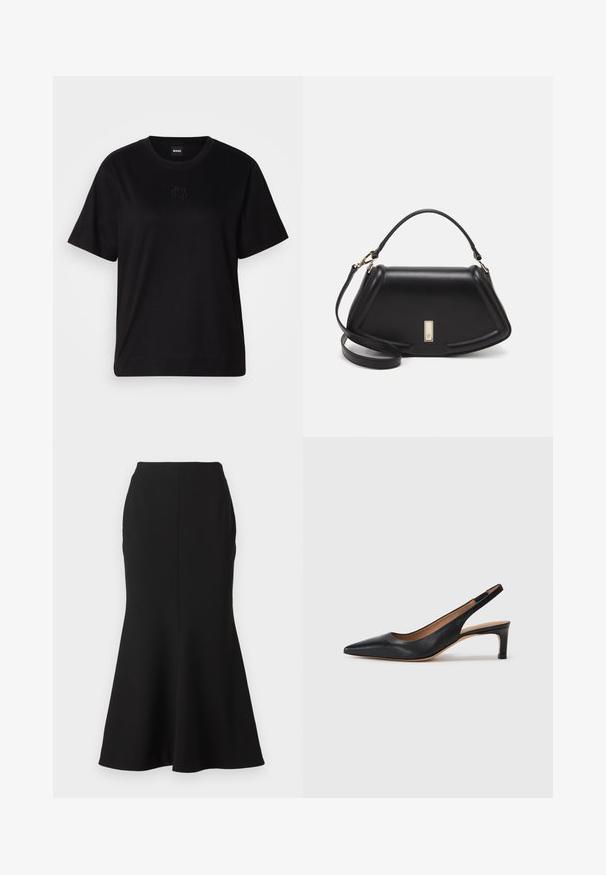 Maglietta in cotone nera con scollatura tonda, maniche corte e logo ricamato sul petto. Design semplice e vestibilità rilassata senza motivi.; Gonna nera a campana realizzata in tessuto liscio, con vita aderente e una cucitura al centro, che termina con una leggera svasatura all'orlo.; Pump slingback in pelle nera con punta appuntita, tacco basso e texture liscia. Presenta una sottile cinghia regolabile per una vestibilità sicura.; Borsa a mano in pelle nera con un design strutturato, caratterizzata da una forma corta, manico superiore e accessori in metallo dorato. Inclusa tracolla regolabile.