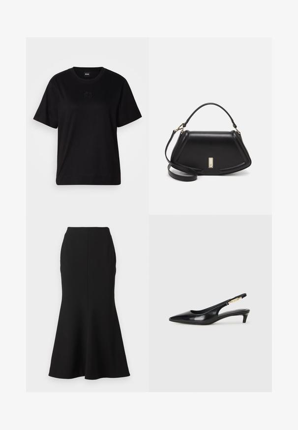 Czarny bawełniany t-shirt z okrągłym dekoltem, krótkimi rękawami i haftowanym logo na piersi. Prosty, luźny krój bez wzorów.; Czarna spódnica z rozkloszowanym dołem, wykonana z gładkiego materiału, z dopasowanym stanem i szwem na środku, kończąca się delikatnym rozkloszowaniem u dołu.; Czarne skórzane szpilki typu slingback z ostrym noskiem, posiadające smukły obcas i złoty akcent na regulowanym pasku. Gładka tekstura.; Czarna skórzana torebka o strukturalnym designie, z przyciętą formą, górnym uchwytem i złotymi akcentami. W zestawie regulowany pasek na ramię.