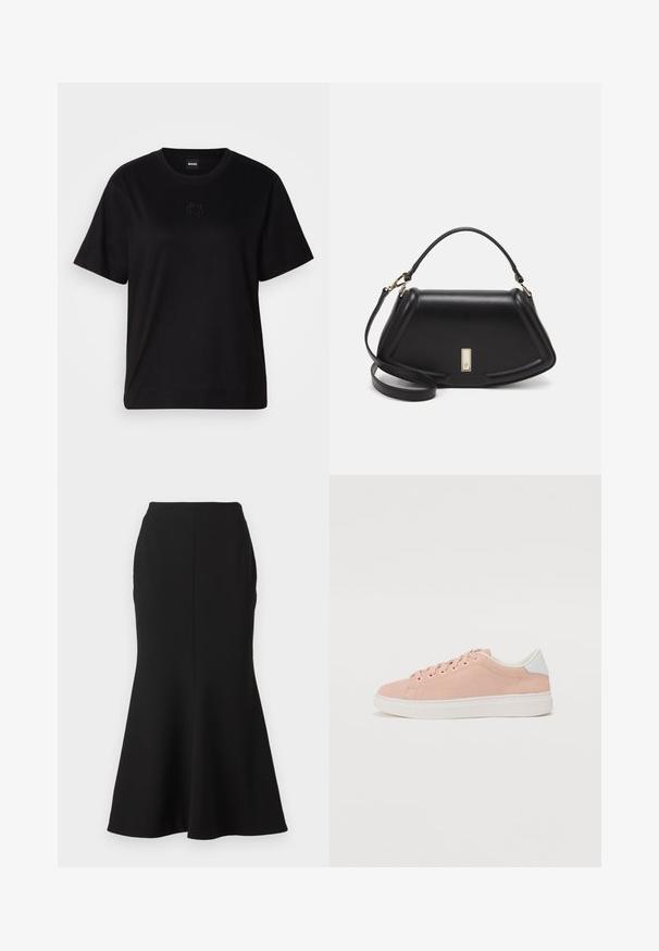 Czarny bawełniany t-shirt z okrągłym dekoltem, krótkimi rękawami i haftowanym logo na piersi. Prosty, luźny krój bez wzorów.; Czarna spódnica z rozkloszowanym dołem, wykonana z gładkiego materiału, z dopasowanym stanem i szwem na środku, kończąca się delikatnym rozkloszowaniem u dołu.; Jasnoróżowe zamszowe sneakersy z białą gumową podeszwą, okrągłym czubkiem i białym akcentem na pięcie. Posiadają płaskie sznurówki i minimalne logo po boku.; Czarna skórzana torebka o strukturalnym designie, z przyciętą formą, górnym uchwytem i złotymi akcentami. W zestawie regulowany pasek na ramię.