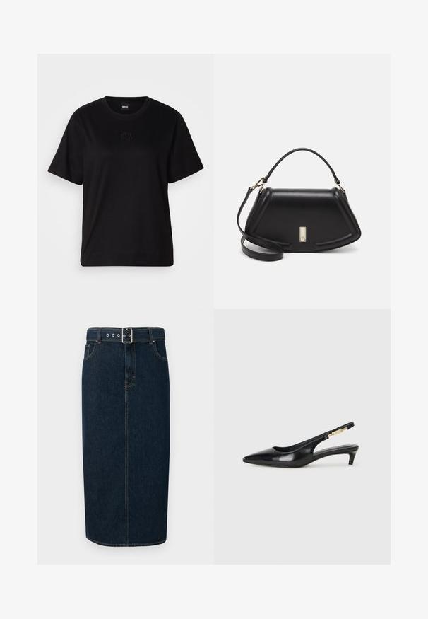 T-shirt en coton noir avec un col rond, des manches courtes et un logo brodé sur la poitrine. Coupe simple et décontractée sans motifs.; Jupe midi en denim bleu foncé avec une coupe droite, dotée d'une ceinture à boucle, de garnitures en métal argenté et de coutures contrastantes le long des coutures.; Talons hauts en cuir noir avec un bout pointu, dotés d'un talon fin et d'un accent en ton or sur la lanière réglable. Texture lisse.; Sac à main en cuir noir avec un design structuré, featuring une forme cropped, une poignée supérieure et des accents en matériel doré. Bandoulière réglable incluse.