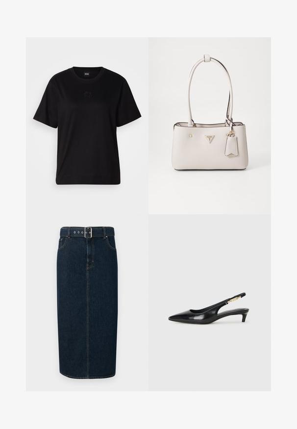 Crna pamučna majica s okruglim izrezom, kratkim rukavima i izvezenim logotipom na prsima. Jednostavan, opušten kroj bez uzorka.; Tamno plavi traper midi suknja ravnog kroja, s remenom na kopčanje, srebrnim detaljima i kontrastnom šavom duž šavova.; Crne kožne sandale s petom, s izduženim vrhom, imaju usku petu i zlatni akcent na podesivoj traci. Glatka tekstura.; Bežna tašna od sintetičke kože s glatkom teksturom, dvostrukim naramenicama, zlatnim hardverom, logotipom na oznaci i pričvršćenom oznakom.