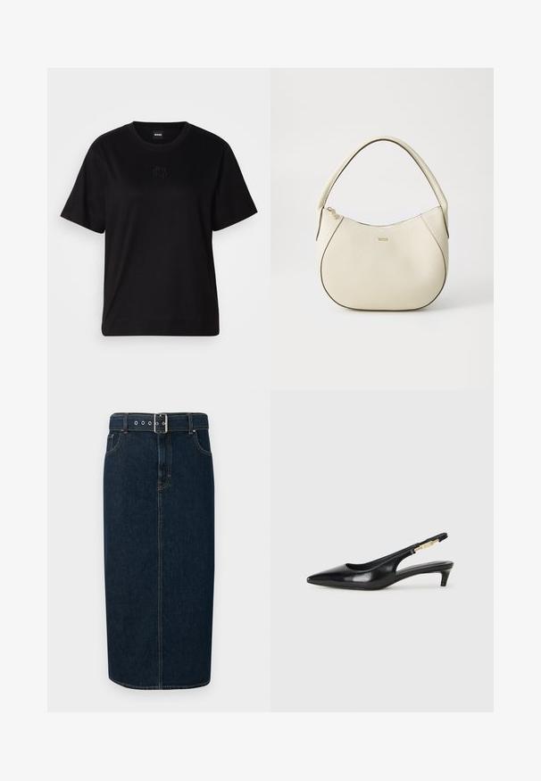 T-shirt en coton noir avec un col rond, des manches courtes et un logo brodé sur la poitrine. Coupe simple et décontractée sans motifs.; Jupe midi en denim bleu foncé avec une coupe droite, dotée d'une ceinture à boucle, de garnitures en métal argenté et de coutures contrastantes le long des coutures.; Talons hauts en cuir noir avec un bout pointu, dotés d'un talon fin et d'un accent en ton or sur la lanière réglable. Texture lisse.; Sac à main couleur crème avec une finition texturée, forme courbée, anses courtes et détail de logo doré. Fermeture éclair sur le dessus.
