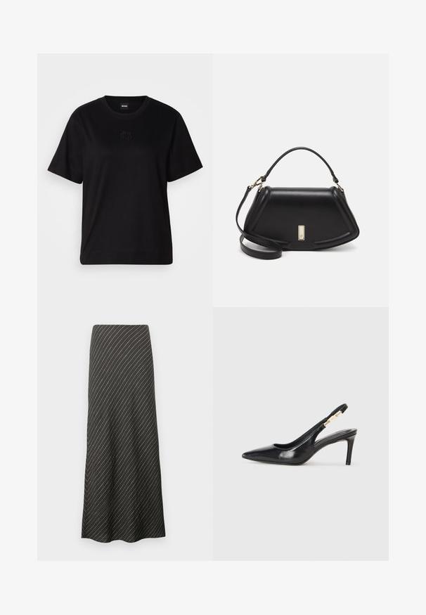 Maglietta in cotone nera con scollatura tonda, maniche corte e logo ricamato sul petto. Design semplice e vestibilità rilassata senza motivi.; Gonna nera midi con strisce bianche diagonali, realizzata in un tessuto liscio. Presenta un design svasato e una silhouette a forma di A.; Scarpa nera in pelle con tacco alto e cinturino alla caviglia, punta affusolata, superficie liscia e dettagli in metallo dorato.; Borsa a mano in pelle nera con un design strutturato, caratterizzata da una forma corta, manico superiore e accessori in metallo dorato. Inclusa tracolla regolabile.