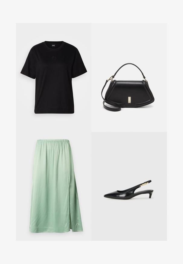 Fekete pamut póló kerek nyakkivágással, rövid ujjakkal és hímzett logóval a mellkasán. Egyszerű, laza szabás, minta nélkül.; Világos zöld midi szoknya sima anyagból, rugalmas derékkal és oldalsó hasítékkal a nagyobb mozgékonyság érdekében.; Fekete bőr slingback magassarkúk, hegyes orral, vékony sarkakkal és arany színű részlettel a állítható pánton. Simа felület.; Fekete bőr kézitáska, strukturált dizájnnal, rövidített formával, felső fogantyúval és arany színű kiegészítőkkel. Állítható vállpánt is tartozik hozzá.