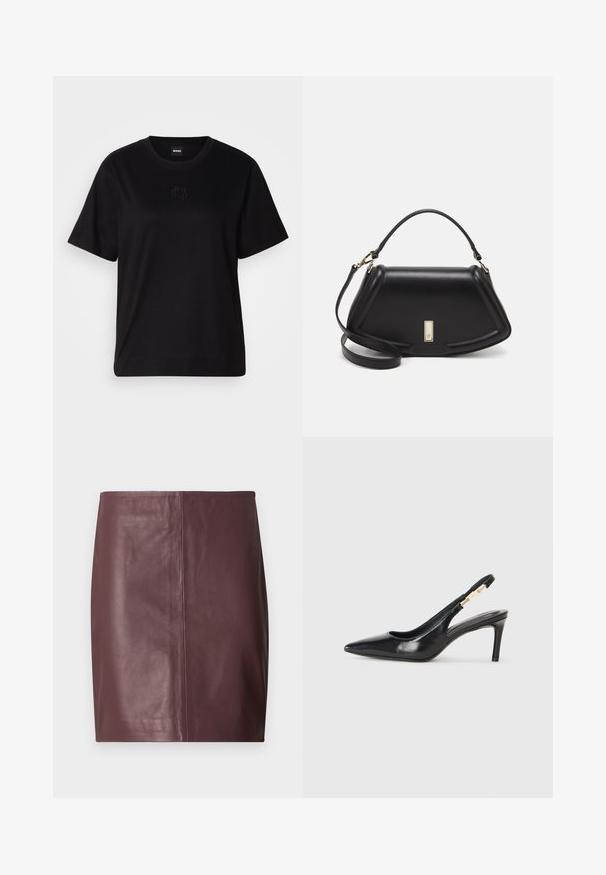 Musta puuvillapaita, jossa on pyöreä kaula-aukko, lyhyet hihat ja brodeerattu logo rinnassa. Yksinkertainen, rento istuvuus ilman kuvioita.; Tummanruskea nahkapipieröyhyt, jossa on suora, sileä etupuoli ja hienovaraiset pystysaumat keskellä.; Mustat nahkaiset korkokengät, joissa on avattu kantapää, kapea kärki, sileä pinta ja kapea nilkkaremmi, jossa on kultaiset metalliosat.; Mustalla nahkalaukulla, jossa on jämäkkä muotoilu, lyhyt malli, yläkahva ja kultaiset yksityiskohdat. Säädettävä olkahihna sisältyy.