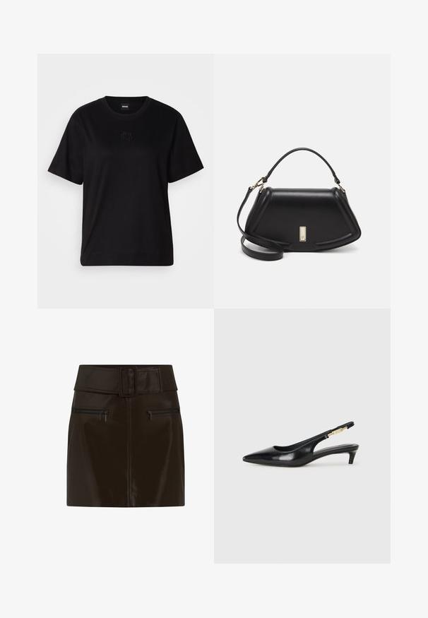 Svart bomull T-skjorte med rund hals, korte ermer og et brodert logo på brystet. Enkel, avslappet passform uten mønstre.; Brun faux skinnskjørt med bredt liv, firkantet spenne og to glidelåslommer på sidene. Glatt, glansfull tekstur.; Sorte lærreim hæler med spiss tå, som har en slank hæl og en gullfarget detalj på den justerbare stroppen. Glatt tekstur.; Sort lærveske med en strukturert design, som har en avkortet form, topphåndtak og detaljer i gull. Justerbar skulderstropp inkludert.