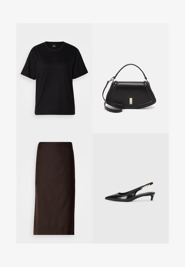 Czarny bawełniany t-shirt z okrągłym dekoltem, krótkimi rękawami i haftowanym logo na piersi. Prosty, luźny krój bez wzorów.; Brąskowa spódnica ołówkowa, długości do kolan, wykonana z gładkiego materiału. Posiada prosty krój bez widocznych wzorów ani ozdób.; Czarne skórzane szpilki typu slingback z ostrym noskiem, posiadające smukły obcas i złoty akcent na regulowanym pasku. Gładka tekstura.; Czarna skórzana torebka o strukturalnym designie, z przyciętą formą, górnym uchwytem i złotymi akcentami. W zestawie regulowany pasek na ramię.