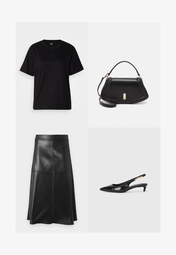 Camiseta de algodón negra con cuello redondo, mangas cortas y un logo bordado en el pecho. Ajuste simple y relajado sin patrones.; Falda negra de cuero tipo A con una textura suave, que presenta detalles de costura vertical y una cinturilla. El dobladillo cae justo por debajo de la rodilla.; Tacones negros de piel sintética tipo slingback con punta afilada, que cuentan con un tacón delgado y un detalle en tono dorado en la correa ajustable. Textura suave.; Bolso de mano de cuero negro con un diseño estructurado, que presenta una forma recortada, asa superior y acentos en dorado. Correa de hombro ajustable incluida.