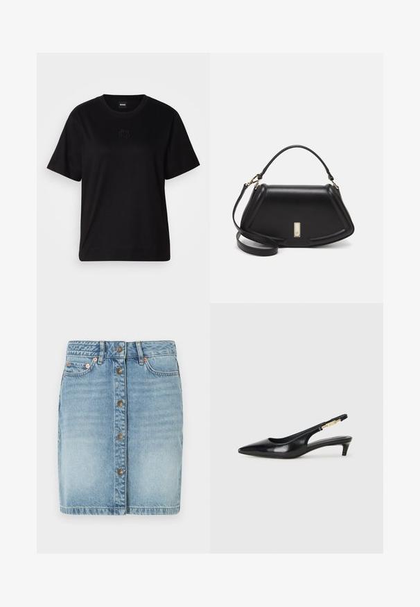 Zwarte katoenen t-shirt met een ronde hals, korte mouwen en een geborduurd logo op de borst. Eenvoudige, comfortabele pasvorm zonder patronen.; Lichtblauwe denim rok met een knoopsluiting aan de voorkant, vijf zakken en stikseldetails. Heeft een rechte snit en een licht vervaagde afwerking.; Zwarte leren slingback hakken met een spitse neus, voorzien van een slanke hak en een goudkleurige accent op de verstelbare band. Gladde textuur.; Zwarte leren handtas met een gestructureerd ontwerp, featuring een verkorte vorm, bovenhandvat en gouden hardwareaccent. Inclusief verstelbare schouderband.