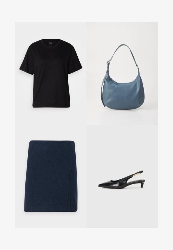 Črna bombažna majica s krožnim izrezom, kratkimi rokavi in izvezenim logotipom na prsih. Preprosta, sproščena silhueta brez vzorcev.; Morska volnena mini krila s ravno obliko, ravnimi šivi in gladko teksturo. Niti vidni vzorci niti okrasni detajli.; Črne usnjene sandale na peto z ostro konico, ki imajo tanko peto in zlat ton na nastavljivem traku. Gladka tekstura.; Modra usnjena torbica z zaobljeno obliko, enim naramnim ročajem, zadrgo in vtisnjenim imenom blagovne znamke na sprednji strani. Gladka tekstura.