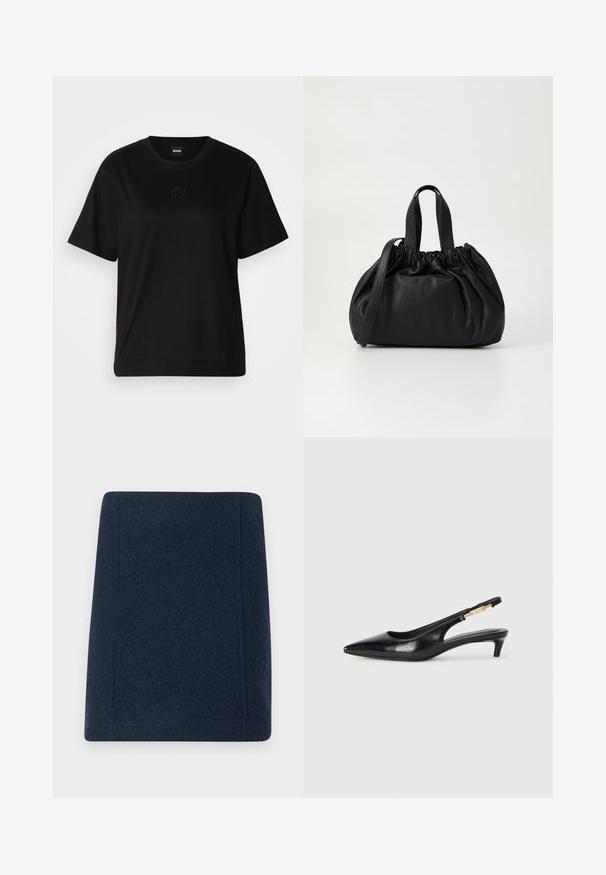 Maglietta in cotone nera con scollatura tonda, maniche corte e logo ricamato sul petto. Design semplice e vestibilità rilassata senza motivi.; Gonna mini in lana blu navy con forma dritta, cuciture piatte e una texture liscia. Nessun motivo visibile o decorazioni.; Tacchi slingback in pelle nera con punta affusolata, caratterizzati da un tacco alto e un accento dorato sulla cinghia regolabile. Texture liscia.; Borsa a tracolla in pelle nera con design a cima arricciata, dotata di due manici corti e di una lunga tracolla regolabile. Texture liscia, forma arrotondata.