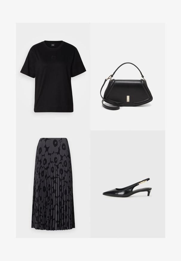 Black cotton t-shirt with a crew neckline, short sleeves, and an embroidered logo on the chest. Simple, relaxed fit with no patterns.; Black pleated skirt with a floral pattern, made from lightweight fabric; features vertical stripes and an elastic waistband.; Black leather slingback heels with a pointed toe, featuring a slim heel and a gold-tone accent on the adjustable strap. Smooth texture.; Black leather handbag with a structured design, featuring a cropped shape, top handle, and gold hardware accent. Adjustable shoulder strap included.